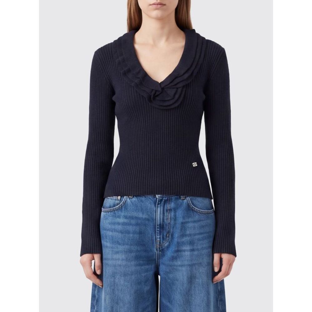 Ganni Women Ganni Slim Fit Ribbed Wool V-Neck Jumper With Butterfly Logo